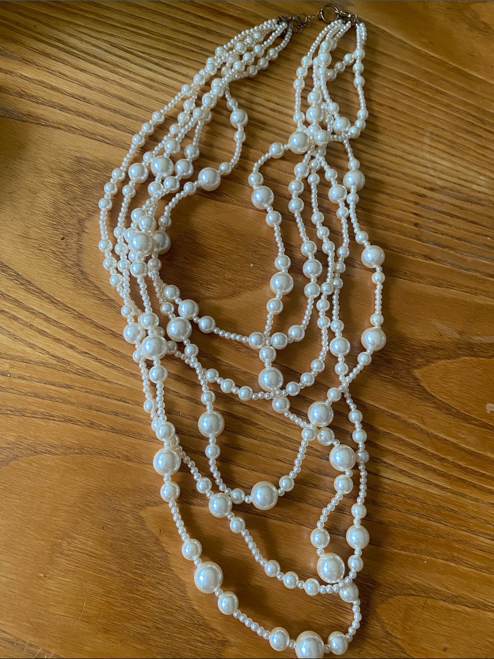Long 5 Multi-Strand White faux Pearl Bead Necklace